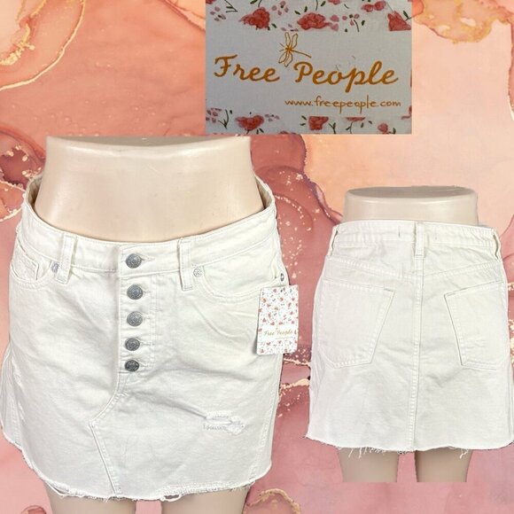 Free People 29 Cream Distressed Button Fly 5 Pocket Cotton Mini Jean Skirt - Picture 1 of 6